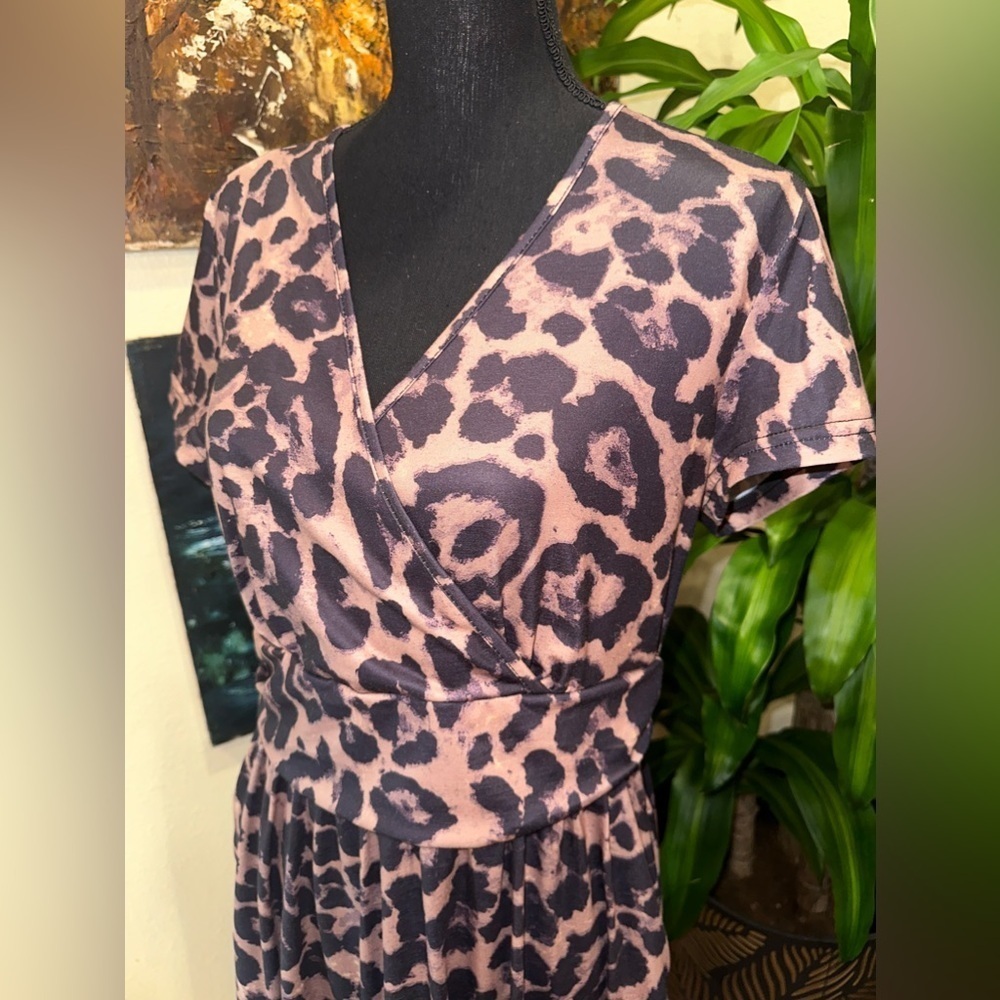 NWT Ouges Women's Animal Print Faux Wrap Band Waist Brown Cocktail Dress Sz L - Picture 6 of 10